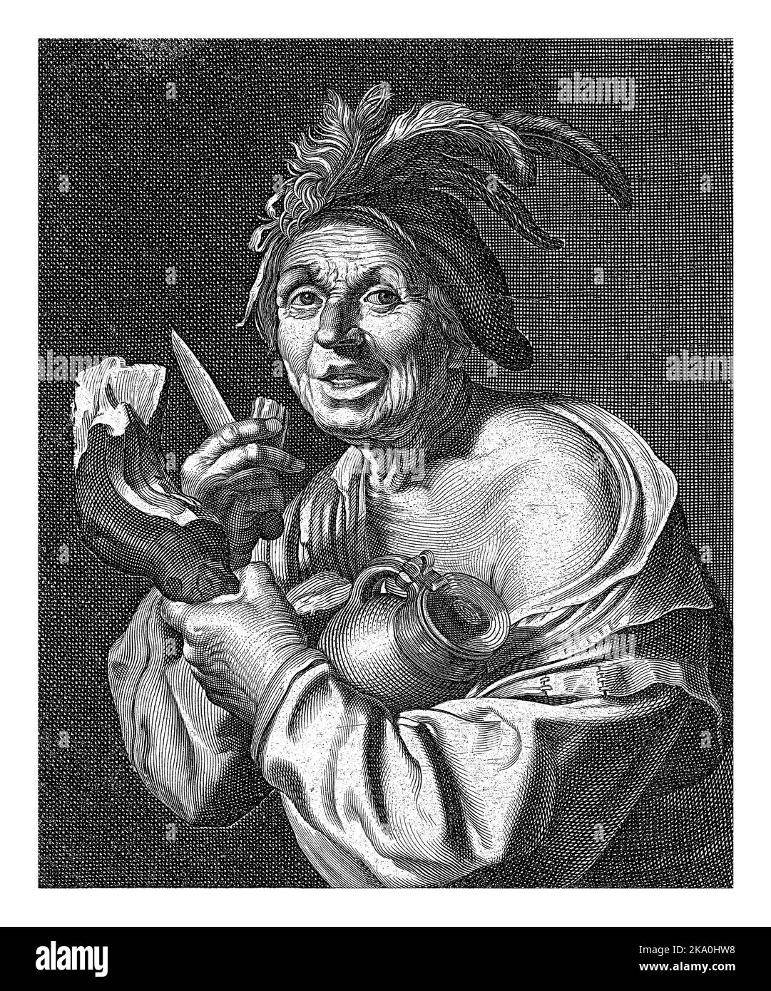 Homme avec un jambon frais dans sa main a coupé un morceau de viande avec un couteau qu'il met dans sa bouche. Dans la marge inférieure un verset néerlandais en deux lignes. Banque D'Images