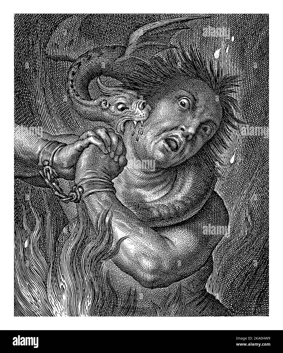 Une âme en enfer supplie de miséricorde avec des mains pliées et est piquée par un monstre. Au-dessous de la scène se trouve une citation de la Bible, Ésaïe 33, en trois langues. Banque D'Images