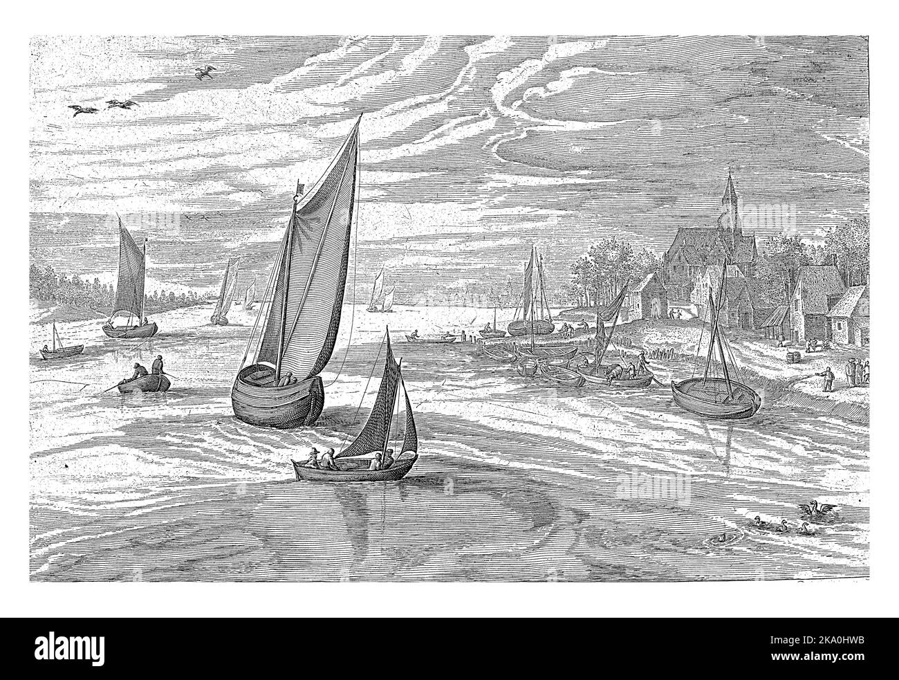 Paysage avec un village sur une rivière. Plusieurs bateaux sont amarrés à une jetée. Dans la marge, une légende de quatre lignes, en deux colonnes, en latin. Banque D'Images