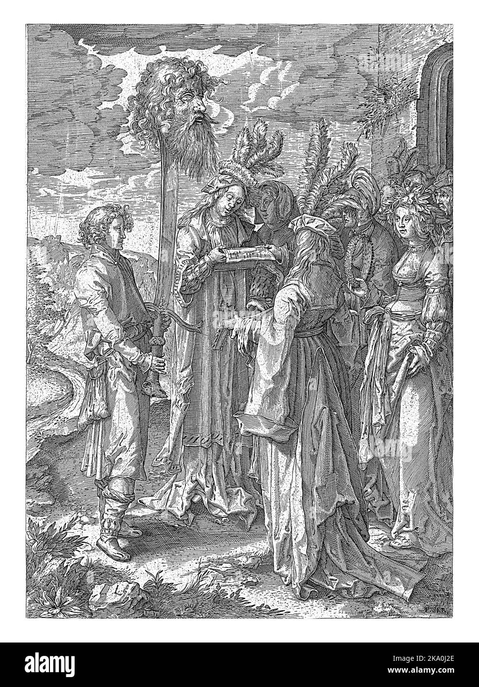 David tient son épée sur laquelle la tête de Goliath est imparée. Il est reçu par des femmes chantant et faisant de la musique. Banque D'Images