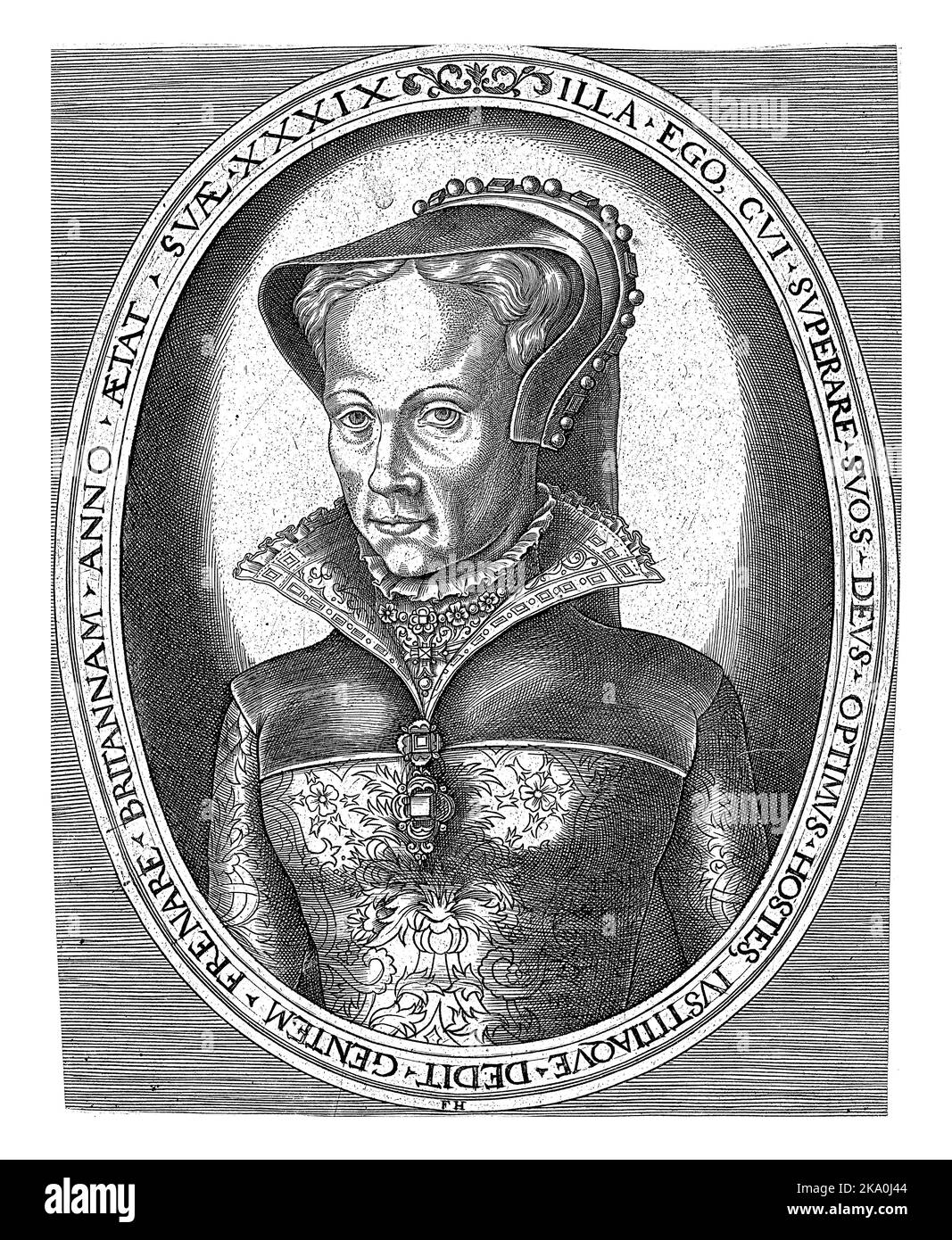 Buste de Mary I, reine d'Angleterre, face à gauche dans un cadre ovale avec des caractères de bord en latin. Banque D'Images