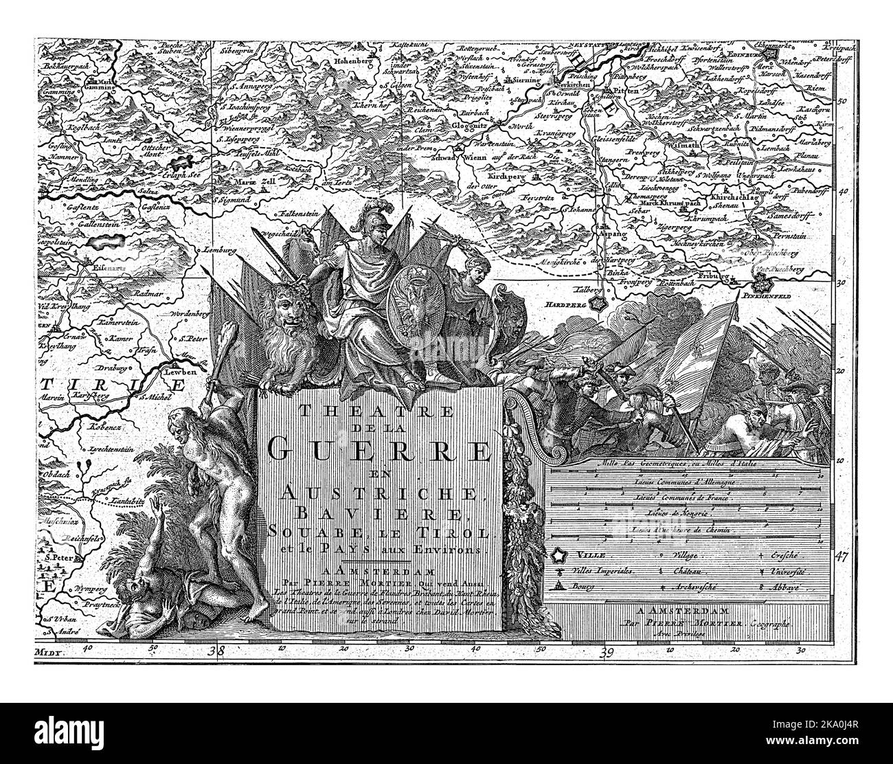 Carte du nord-est de l'Autriche (feuille en bas à droite), Cornelis Huyberts, 1689 - 1712 titre et légende d'une carte de l'Autriche, de la Bavière, de la Souabe et de Tyro Banque D'Images
