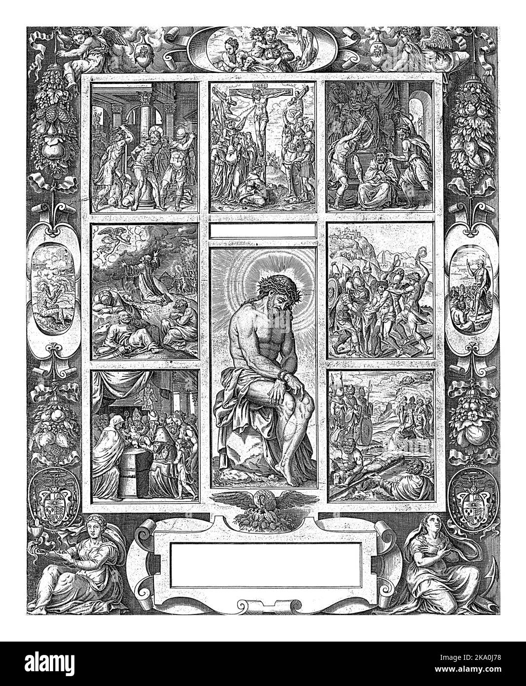 La passion. Au centre, Christ est assis sur un bloc de pierre avec la couronne d'épines sur la tête et les mains attachées. Sous cette description, l'attribut de t Banque D'Images