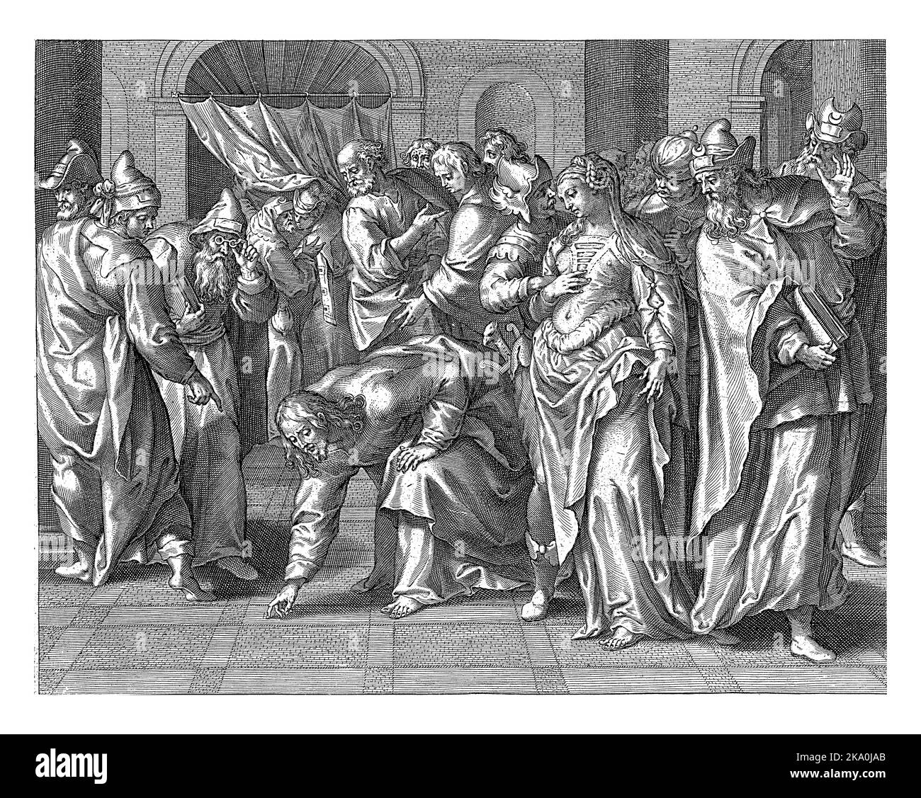 Dans le temple de Jérusalem, les Pharisiens apportent au Christ une femme prise dans l'adultère. Il doit la juger. Christ écrit dans le sol avec son doigt Banque D'Images
