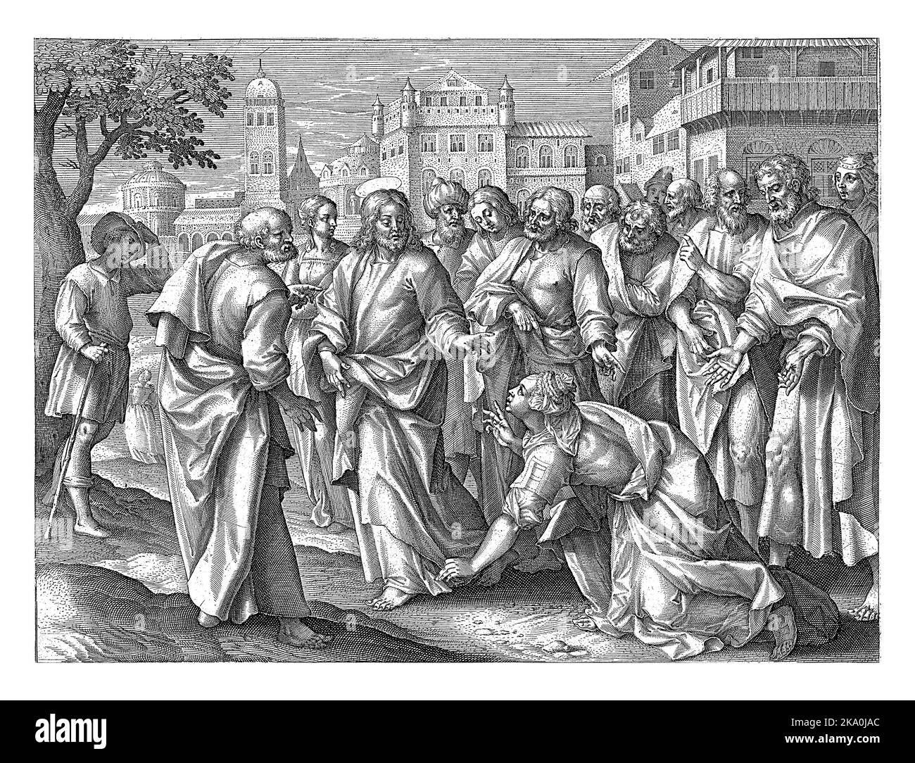Une femme souffrant d'une perte de sang constante touche l'ourlet de la robe du Christ. Le Christ la tourne et la guérit. Autour d'eux les apôtres. Banque D'Images