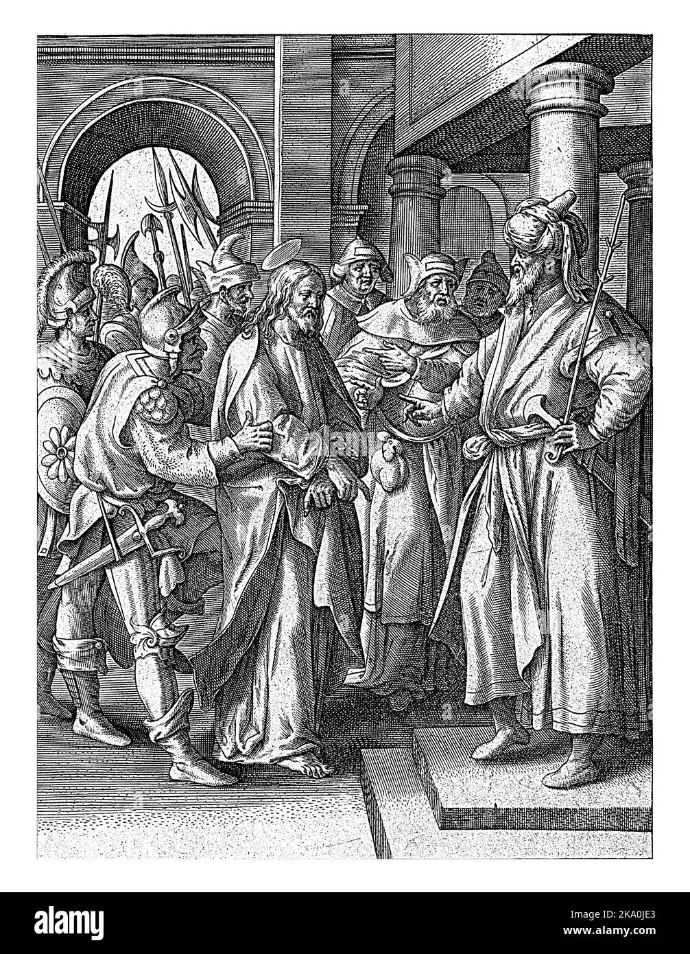 Christ avant Pilate, Hieronymus Wierix, après Maerten de Vos, 1563 - avant 1586 Christ est amené devant Pilate par des soldats armés. Banque D'Images