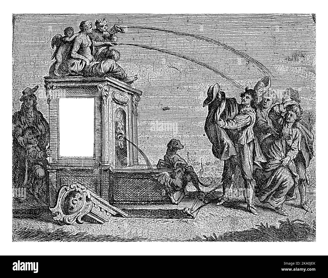 Un groupe d'hommes et de femmes à une fontaine classique essayer de lutter contre la sortie d'eau avec des chapeaux et des manteaux. Banque D'Images Un groupe d'hommes et de femmes à une fontaine classique essayer de lutter contre la sortie d'eau avec des chapeaux et des manteaux. Banque D'Images