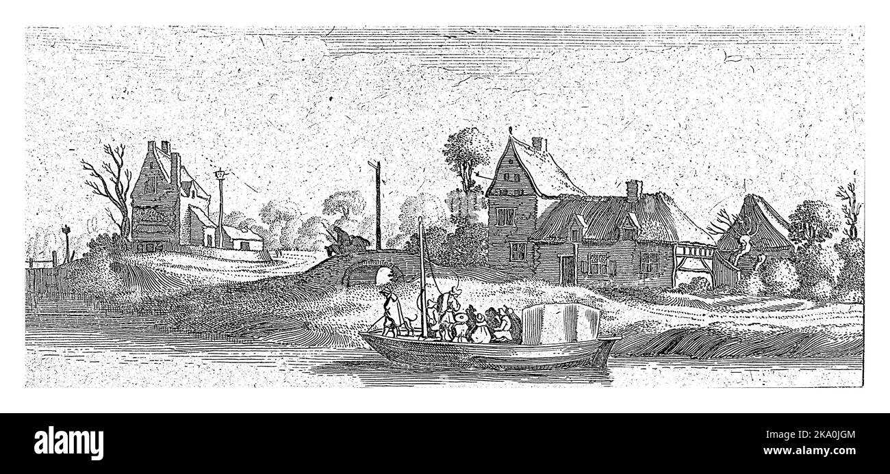 Les voyageurs en bateau sur une rivière, Jan van de Velde (II), 1631 voyageurs en bateau sur une rivière passant devant des maisons. Deux figures assises sur un pont en pierre. Numéroté Banque D'Images