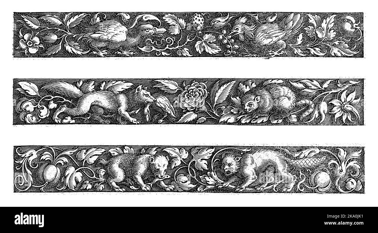 Trois frises avec animaux, Michiel le Bléon, c. 1611 - c. 1625 Banque D'Images