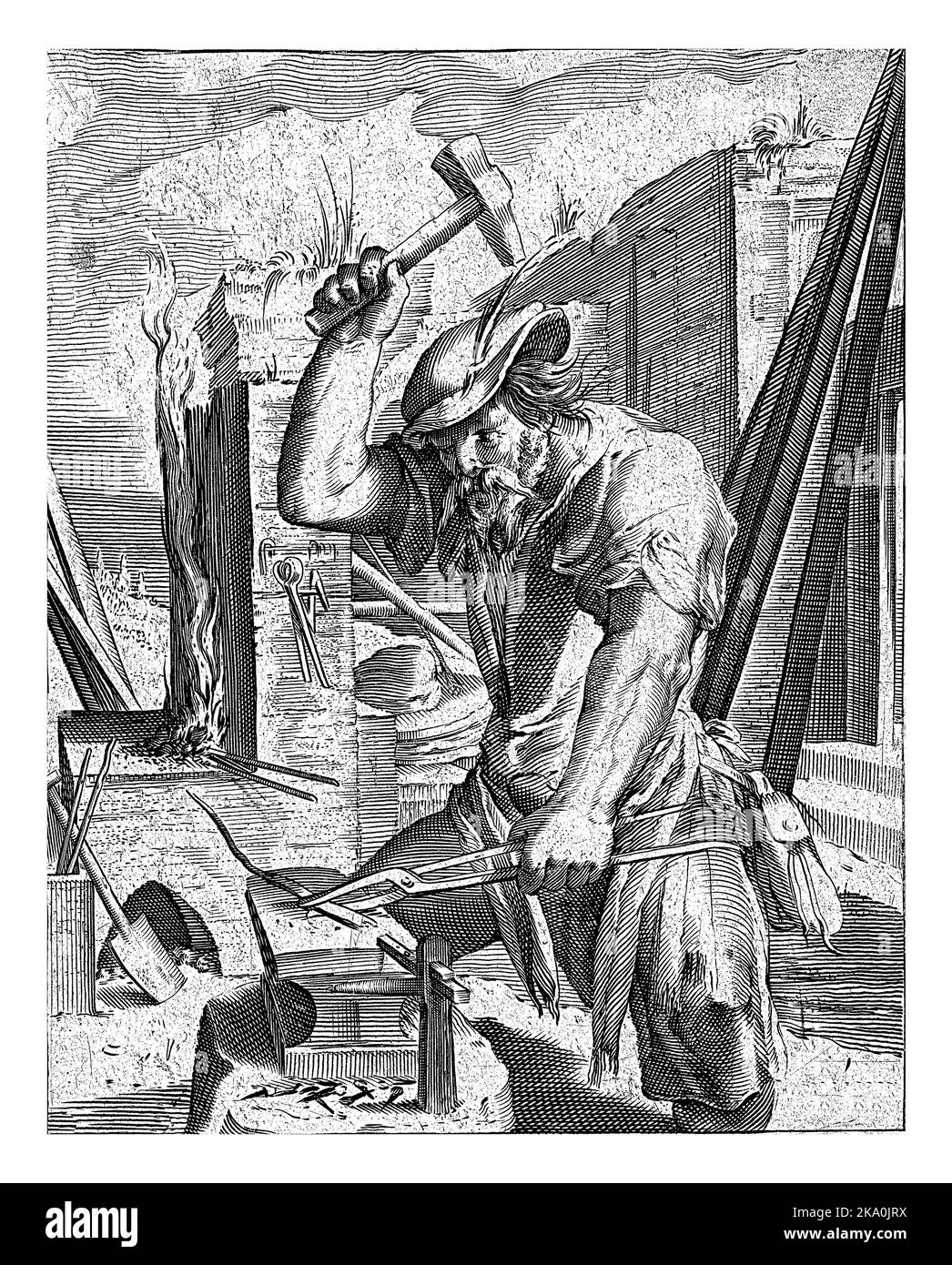Un forgeron au travail dans sa forge. Il frappe une enclume avec son marteau. Le forgeron symbolise l'élément du feu. L'impression a une légende néerlandaise qui Banque D'Images