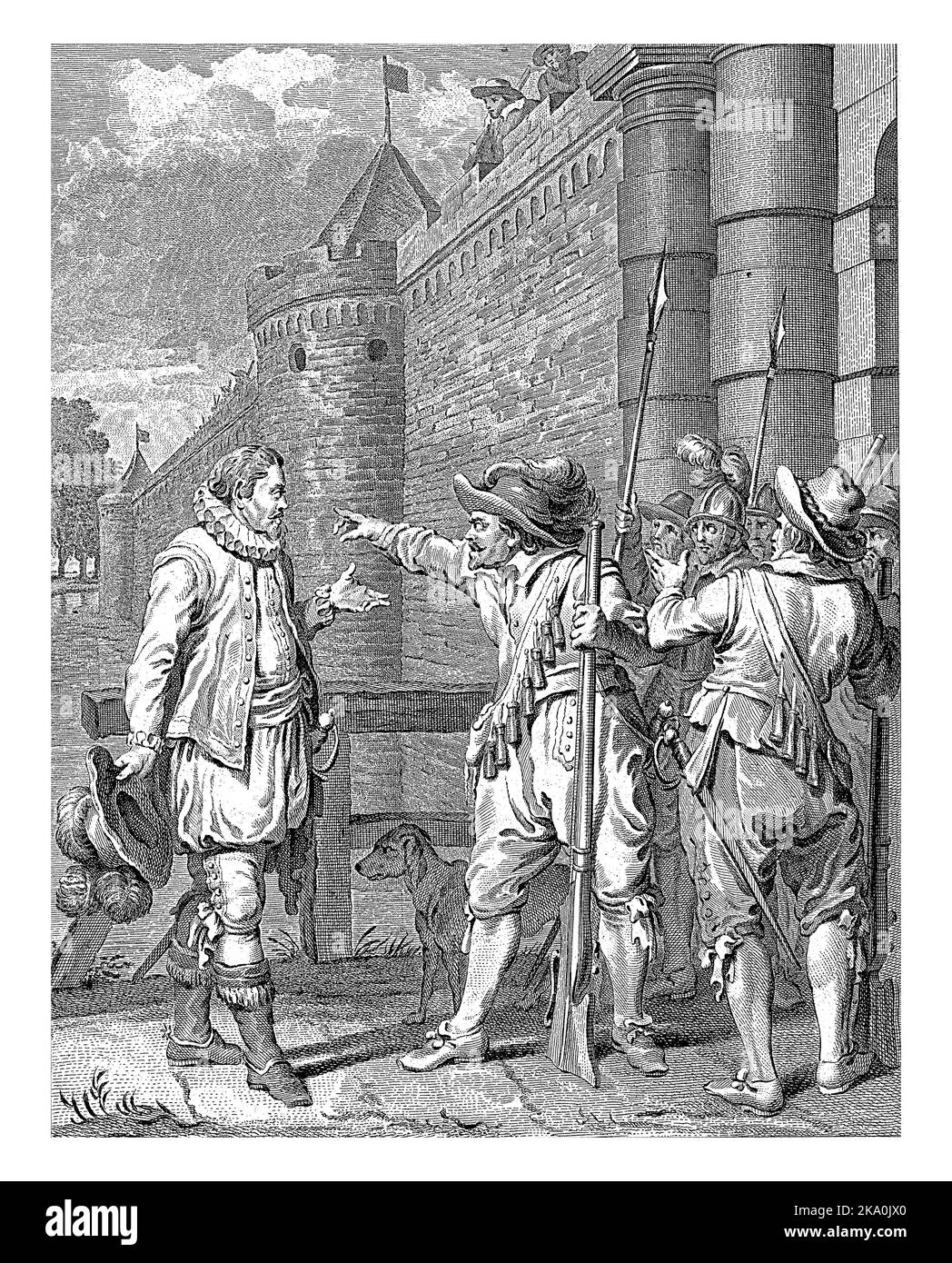 Le Prince William I d'Orange rencontre des soldats et des civils à la porte de la ville de Gand, Cornelis Brouwer, après Jacobus Buys, 1788 Banque D'Images