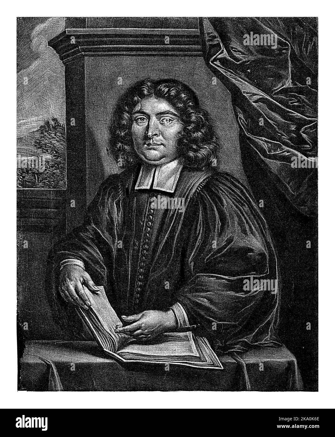 Portrait d'Andre Lortie, Paul van Somer (II), 1681 le théologien français et ministre en Angleterre Andre Lortie, feuilletant un livre. Dans le backgro Banque D'Images