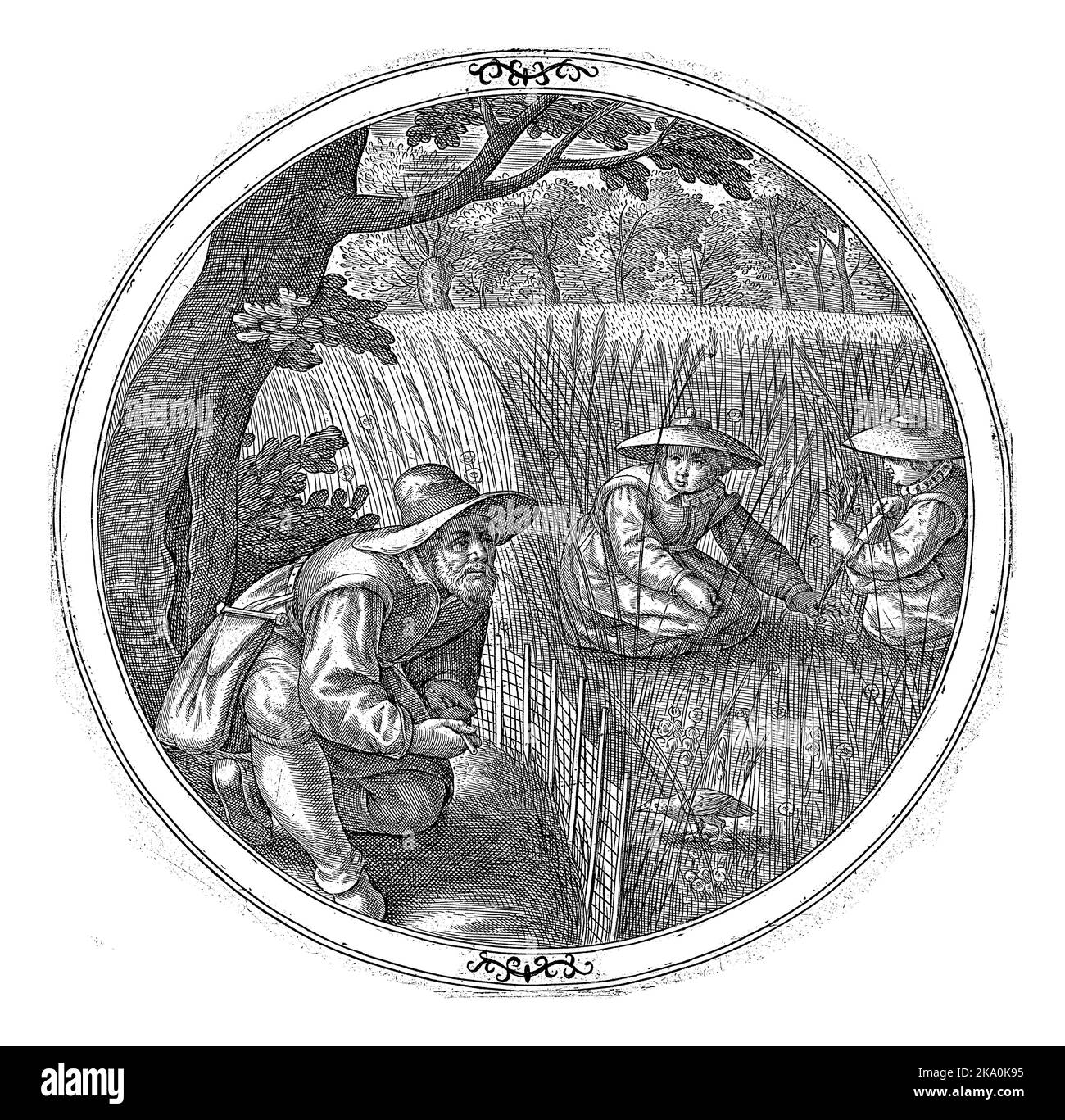 Kwakkelaar, anonyme, 1550 - 1610 Un ornithologue est assis sur le bord d'un champ de maïs et se caille avec son sifflet osseux. Dans le champ de blé deux femmes a Banque D'Images