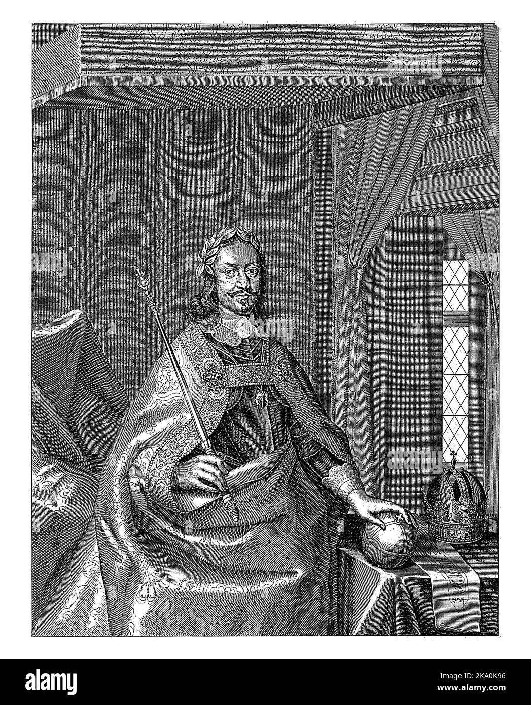 L'empereur Ferdinand III se tient avec une couronne de feuilles de Laurier sur sa tête, à une table sur laquelle repose sa couronne. Sa main gauche repose sur un globe avec un cros Banque D'Images