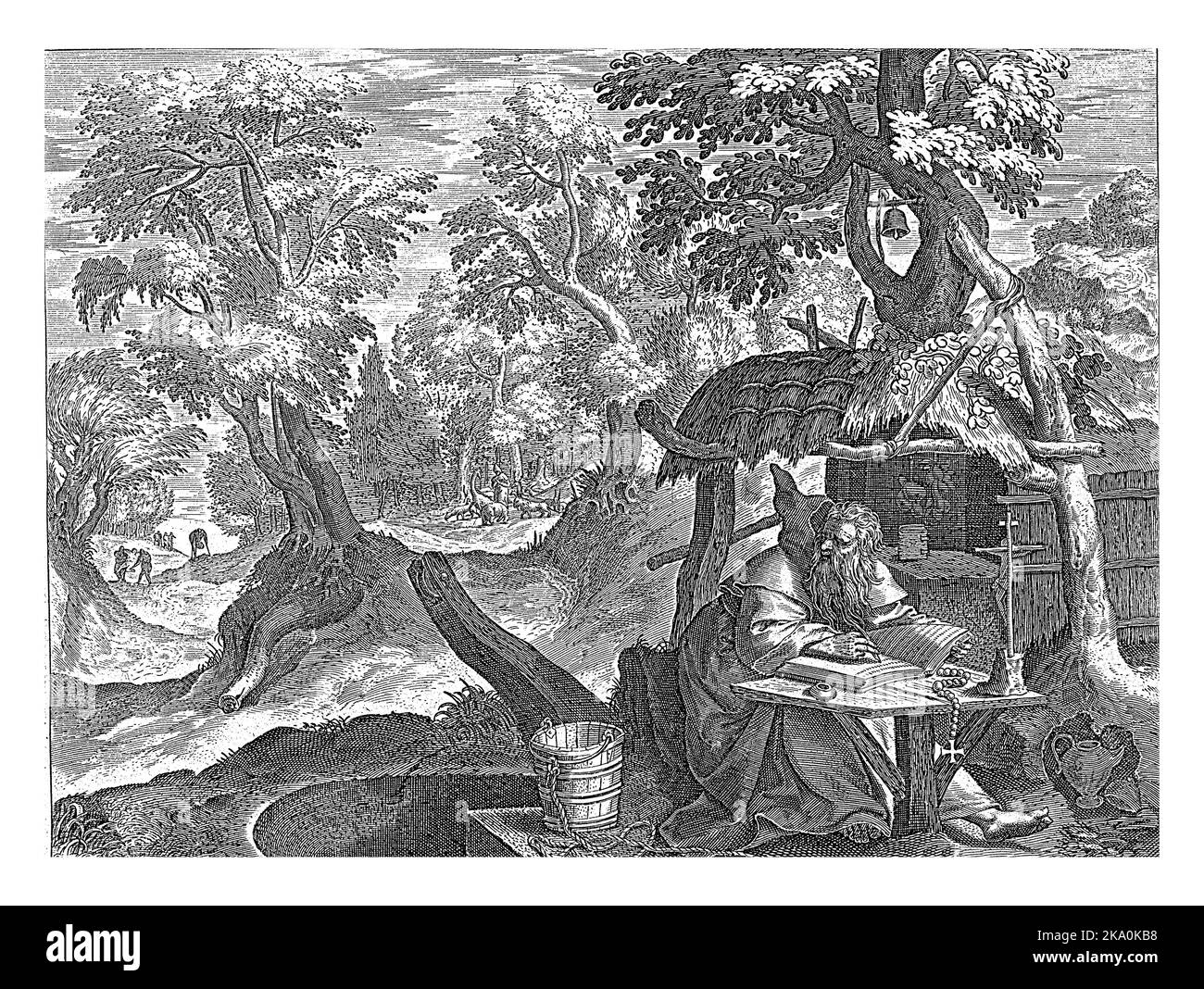 H. Theonas comme ermite dans une grotte dans le désert. Il est assis devant une table de travail et lit une bible. Un paysage avec mendiants en arrière-plan. Banque D'Images H. Theonas comme ermite dans une grotte dans le désert. Il est assis devant une table de travail et lit une bible. Un paysage avec mendiants en arrière-plan. Banque D'Images