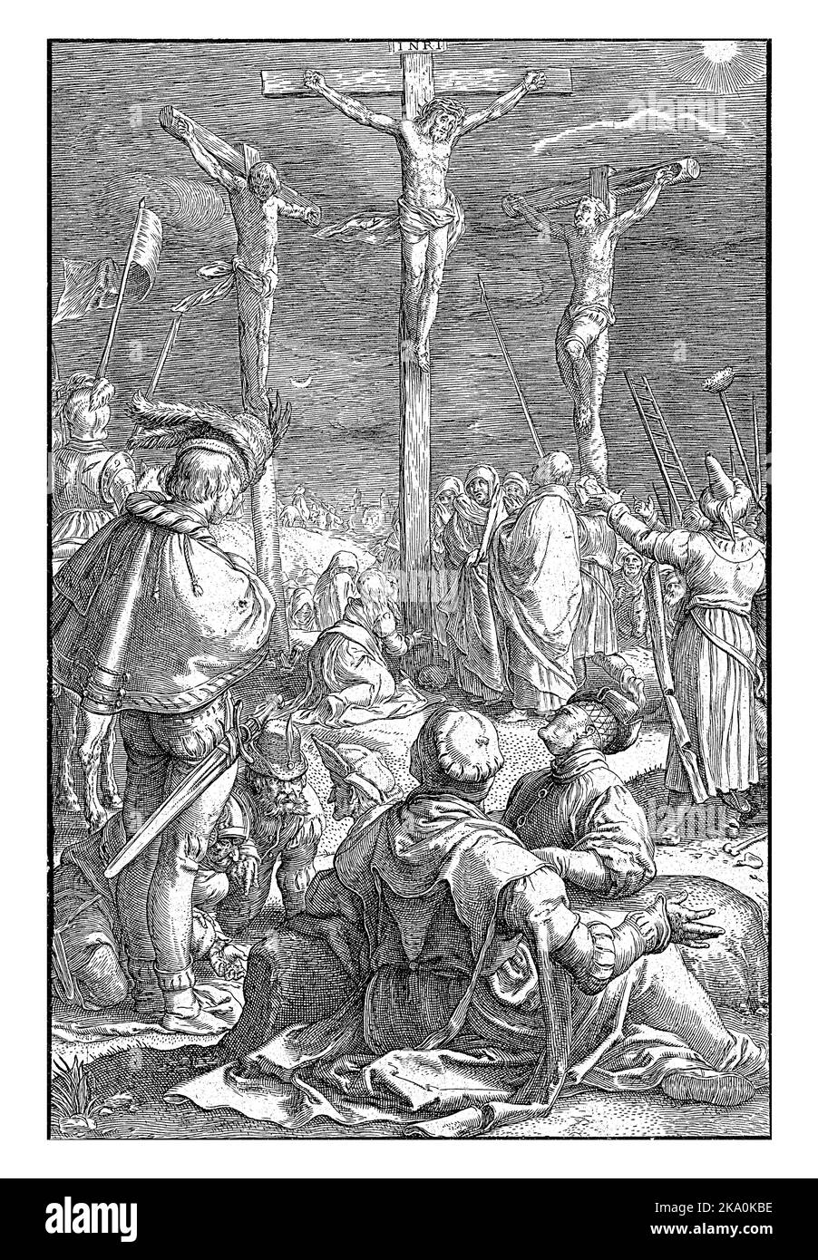 Christ sur la croix entre les deux autres crucifiés. Banque D'Images