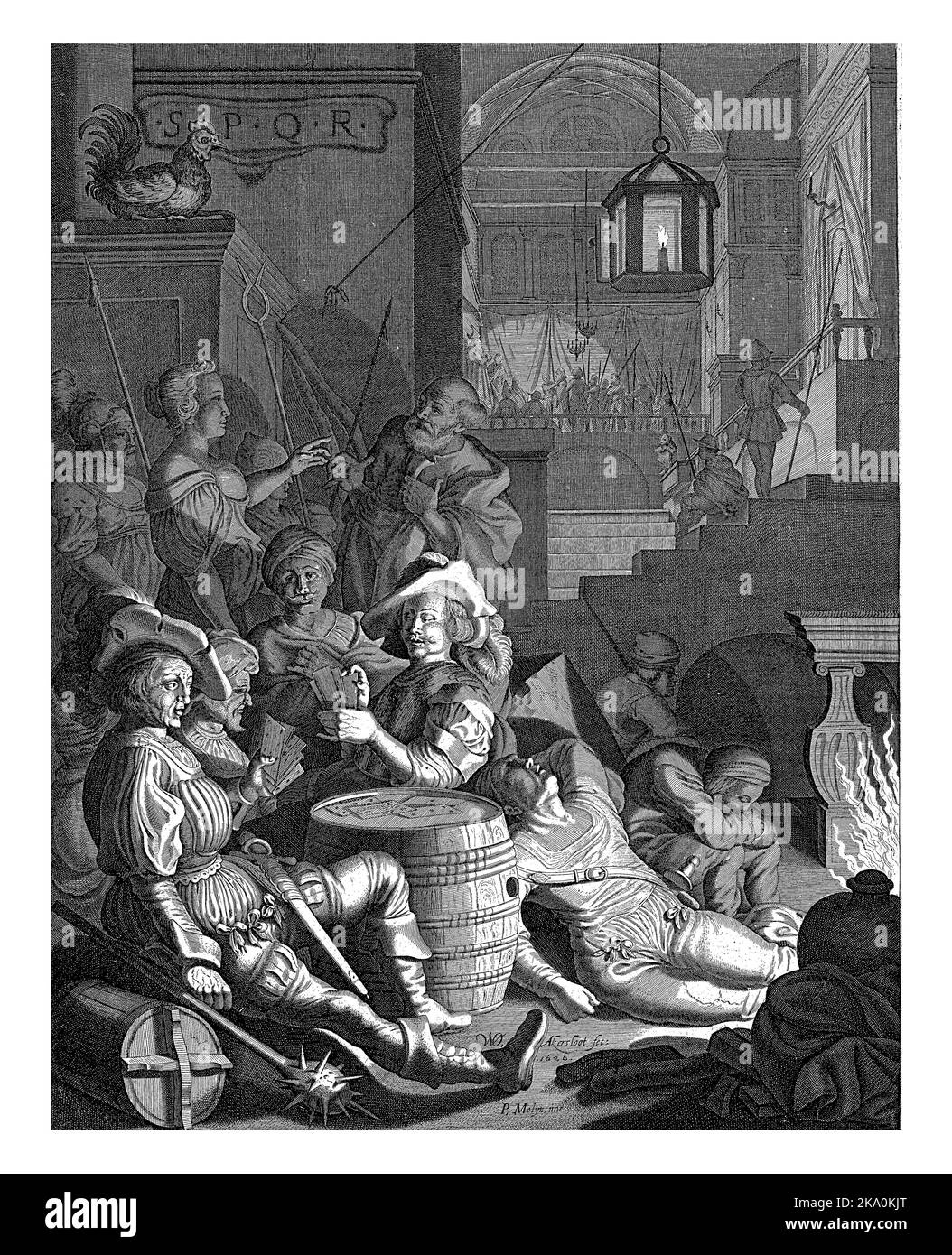 La maison du souverain sacrificateur Caiapahas la nuit. Au premier plan, les soldats jouent des cartes devant une cheminée, derrière eux l'apôtre Peter talki Banque D'Images