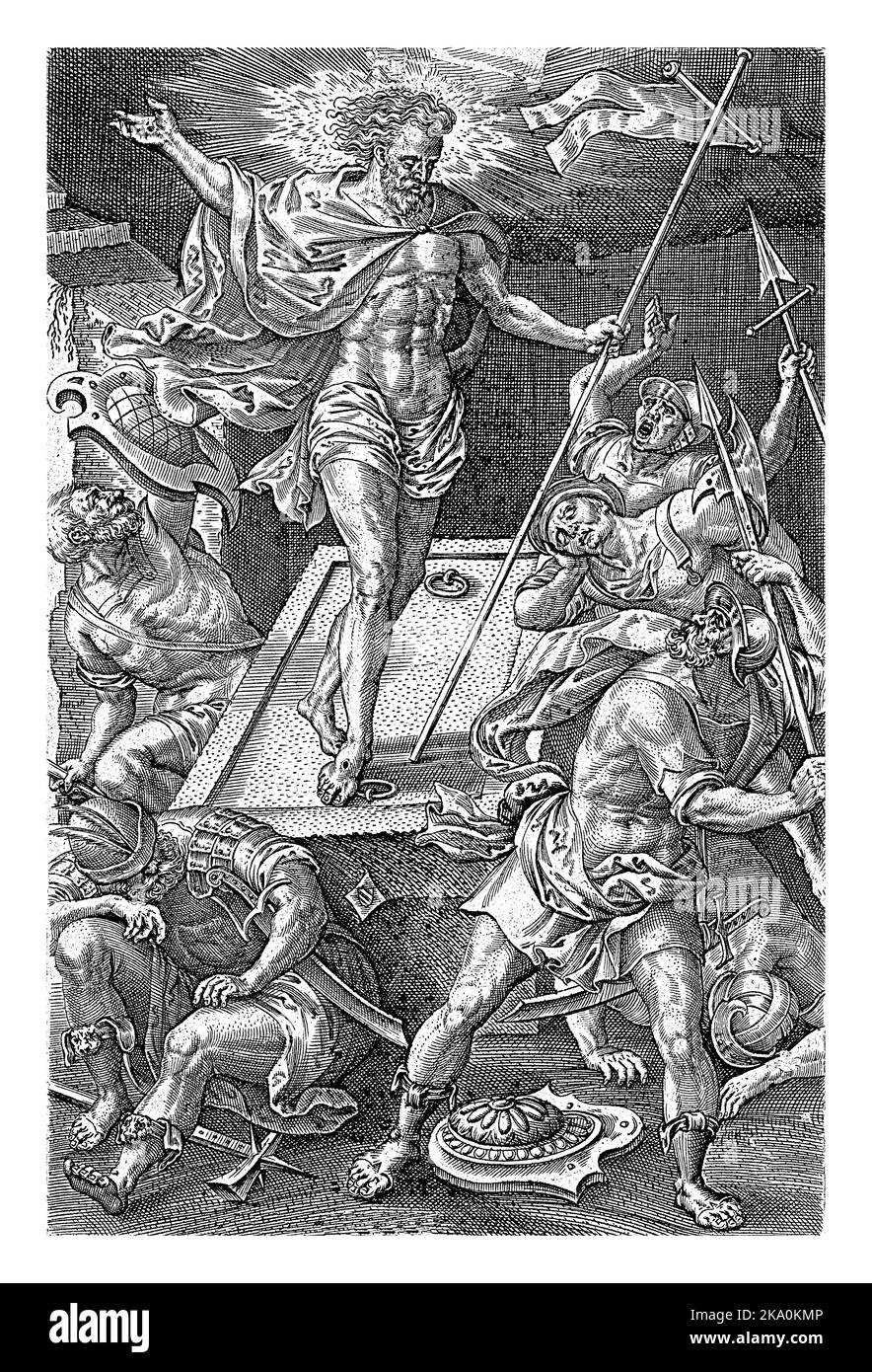 Résurrection du Christ, Johannes Wierix, après Pieter van der Borcht (I), 1570 le Christ s'élève de sa tombe. Les soldats qui se trouvent autour de la grave sortie de veille Banque D'Images