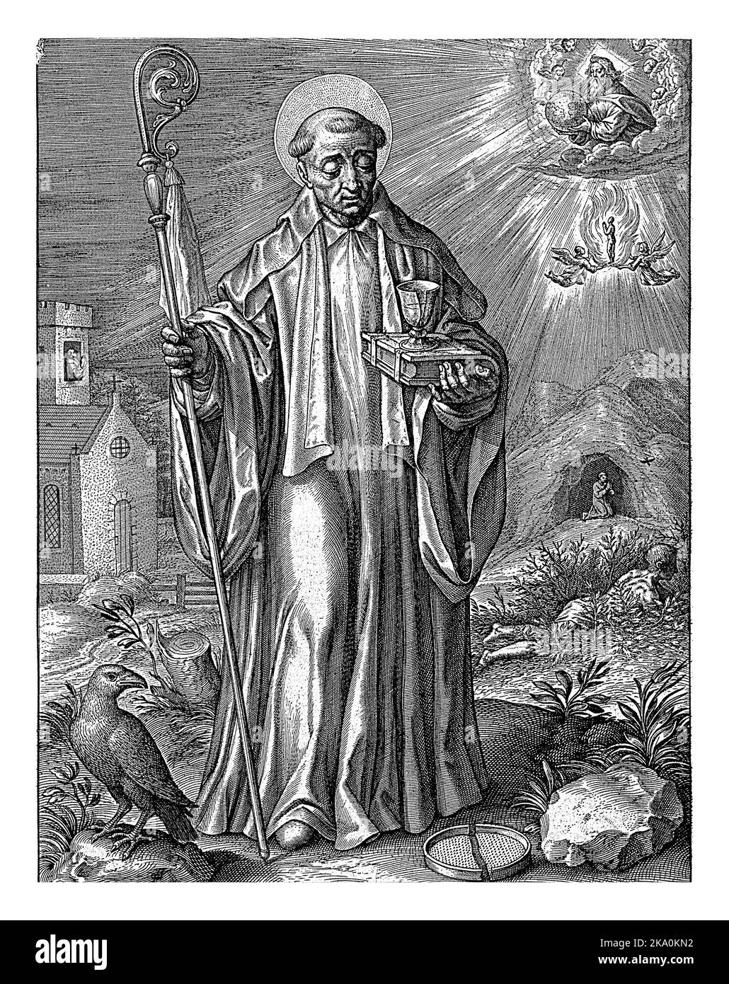 Saint Benoît de Nursia, Hieronymus Wierix.Paysage avec Saint Benoît, dans l'habitude de son ordre. D'une part, il tient le personnel avec le wat Saint Banque D'Images