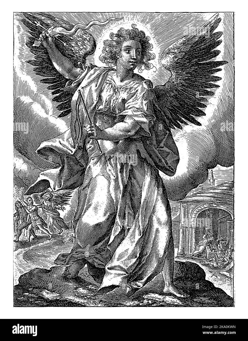 L'Archange Jophiel a une épée flamboyante dans sa main droite et une tige dans sa gauche. Dans l'arrière-plan gauche, Jophiel chase Adam et Eve hors du paradis Banque D'Images