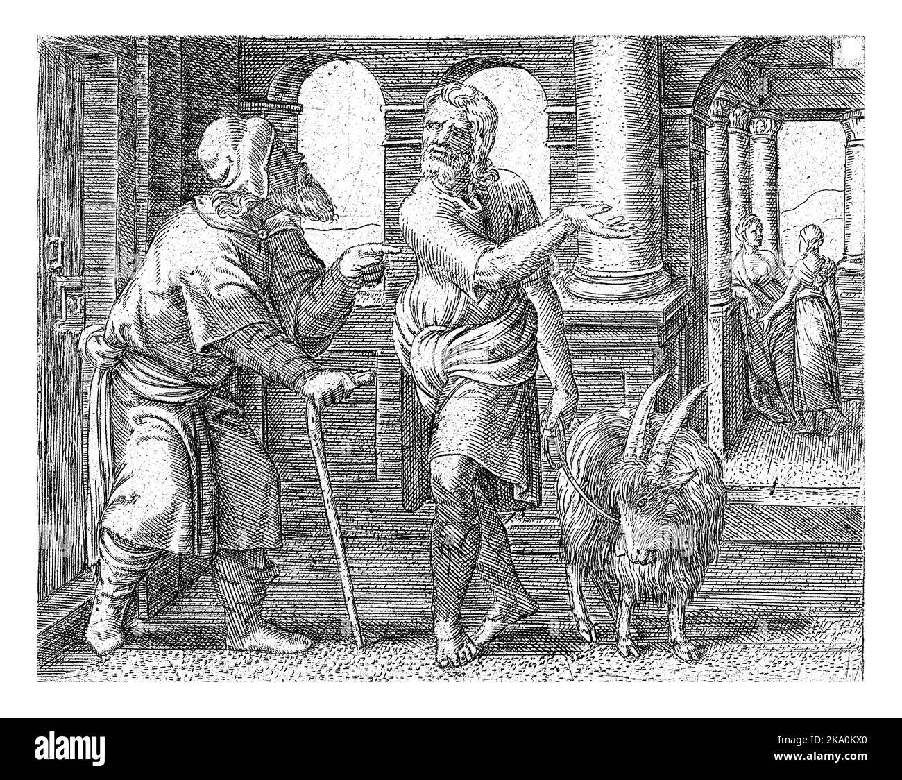 Samson avec un enfant avec son beau-père, Cornelis Massijs, 1549 le beau-père de Samson refuse son entrée quand Samson veut rendre visite à sa femme. Banque D'Images