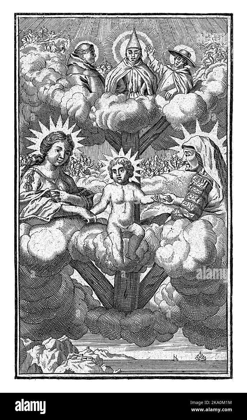 Marie, l'enfant du Christ et Anna dans les nuages avec au-dessus d'eux la Trinité représentée comme un moine, un abbé et un cardinal. Copie d'image miroir. Banque D'Images