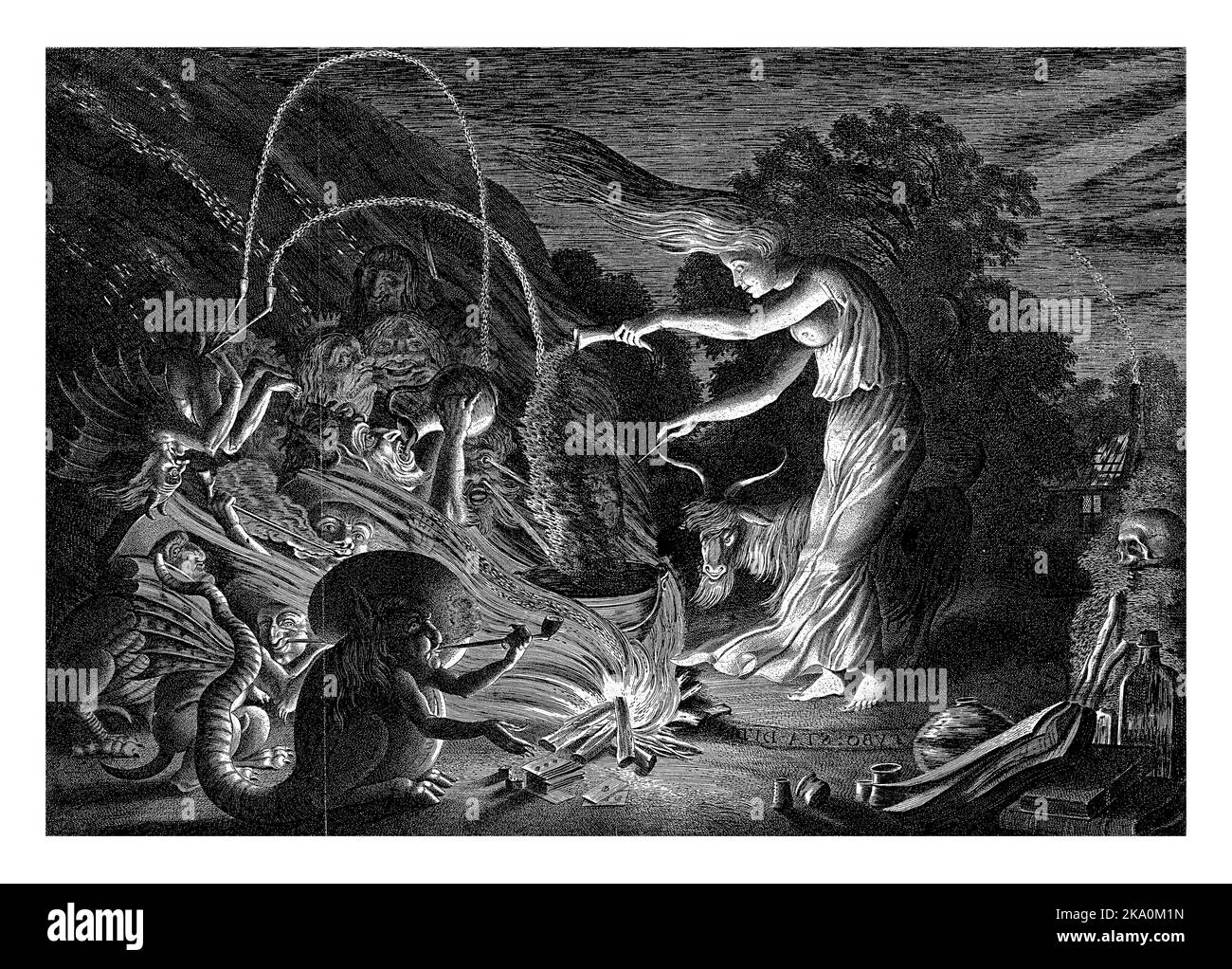 HEKS, Jan van de Velde (II), 1626 Une sorcière dans un pot dans lequel elle verse des poudres. Il y a un fort vent soufflant. Un groupe de monstres devant Banque D'Images