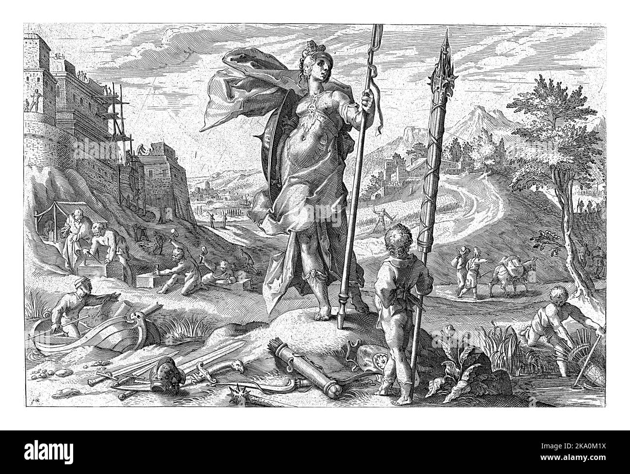 Imagination de la vie pendant l'âge de bronze: Les hommes construisent un grand bâtiment. Au premier plan la déesse Minerva. Banque D'Images