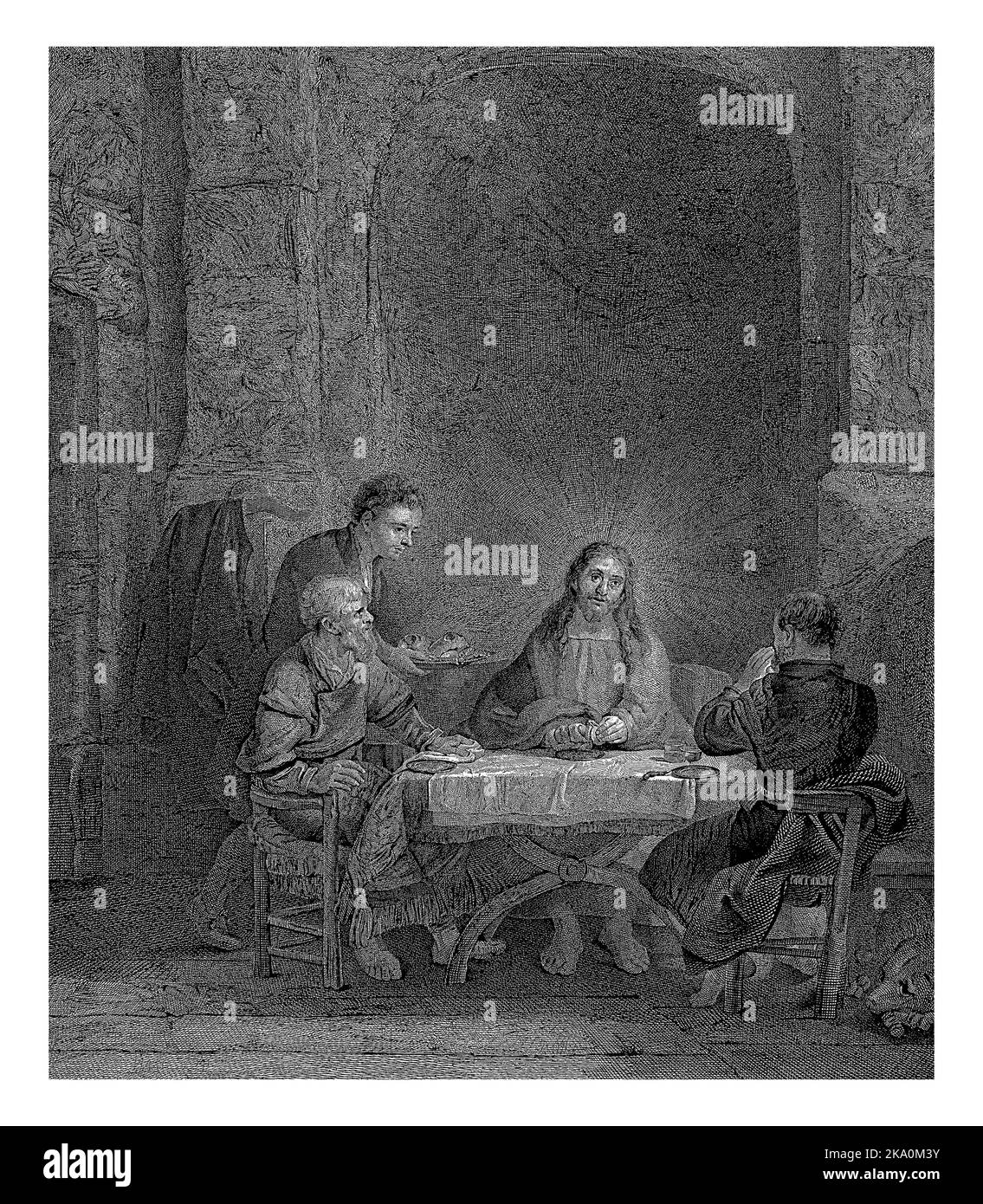 Christ est assis à la table avec les deux disciples. Il brise le pain et prononce la bénédiction et, à ce moment-là, les deux hommes le reconnaissent. Banque D'Images