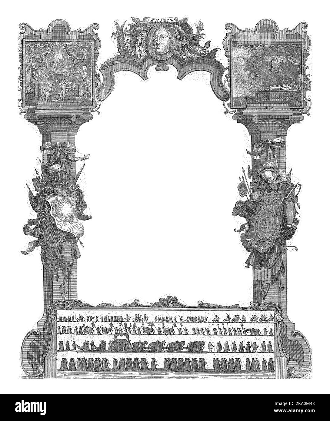 Le souhait du nouvel an pour l'année 1755 en calligraphie dans le travail frontalier en version imprimée avec des représentations de la procession funéraire Banque D'Images Le souhait du nouvel an pour l'année 1755 en calligraphie dans le travail frontalier en version imprimée avec des représentations de la procession funéraire Banque D'Images