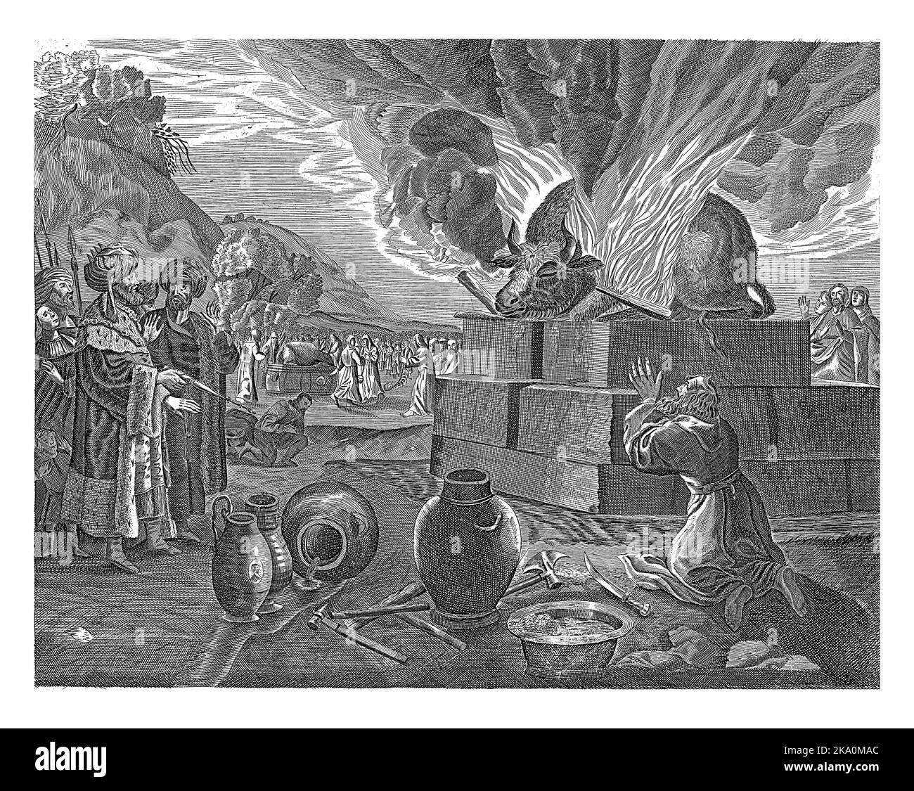 Le prophète Élie s'agenouille devant l'autel qu'il a soulevé d'eau et appelle son Dieu à brûler le sacrifice. Le roi Achab regarde sur la gauche. Banque D'Images