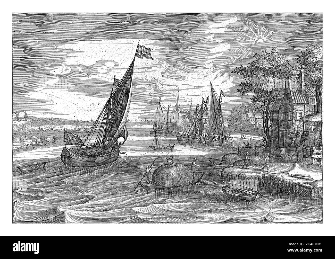 Vue sur la rivière avec des bateaux à voile et des bateaux plats qui transportent le foin. Une ferme sur la droite. Banque D'Images