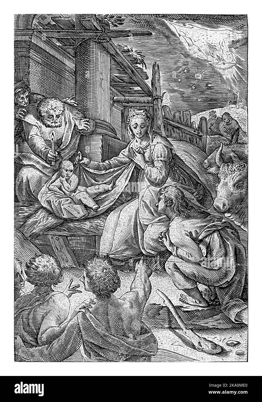 L'adoration des bergers. Les bergers se rassemblent autour de l'enfant Christ, qui est couché dans un mangeur. Un des genoux du berger. Marie est assise n Banque D'Images