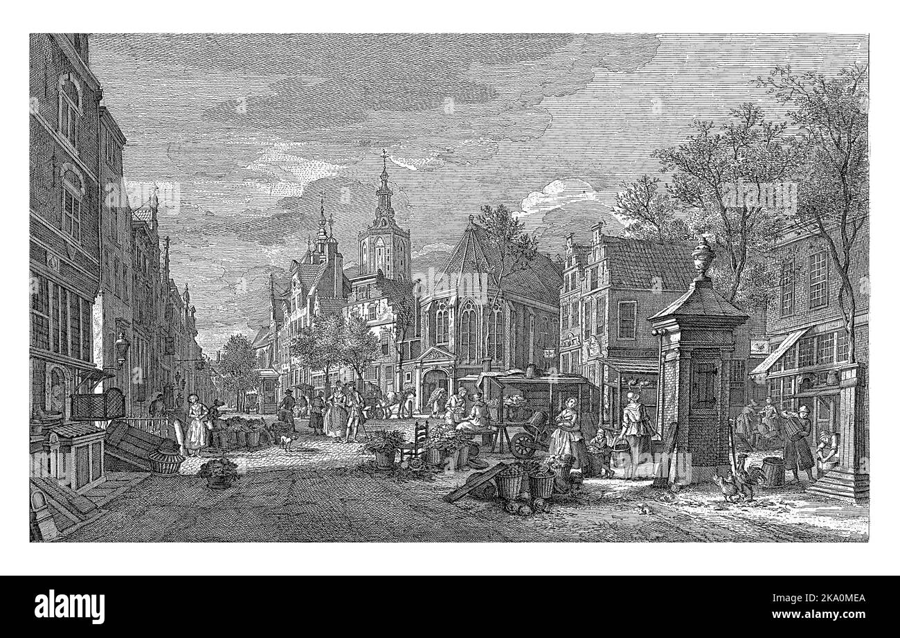 Vue sur le marché vert quotidien de la Haye avec un stand de légumes et des acheteurs au premier plan. Banque D'Images