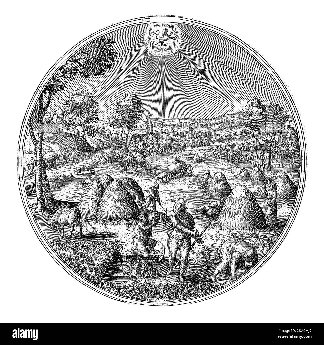 Juli, Adriaen Collaert, d'après Hans bol, 1578 - 1582 cadre rond avec paysage d'été avec scènes d'été. Juillet est le mois de la tonte ou du foin. Le foyer i Banque D'Images