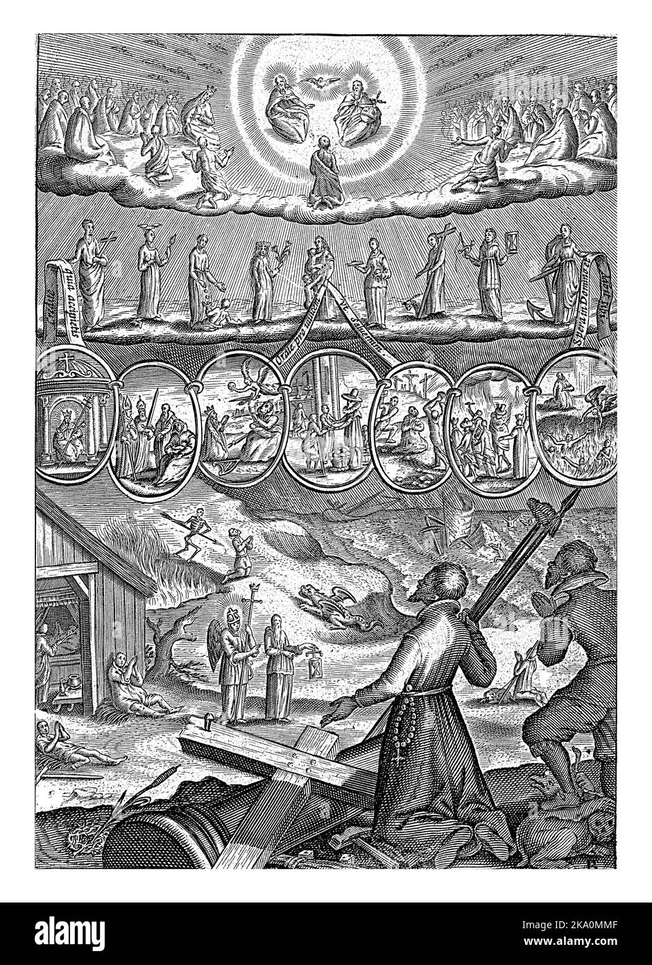 Un ecclésiastique s'agenouille dans la prière avec les outils de la passion du Christ, un homme à côté de lui s'agenouille également dans la prière et piége le diable. Banque D'Images