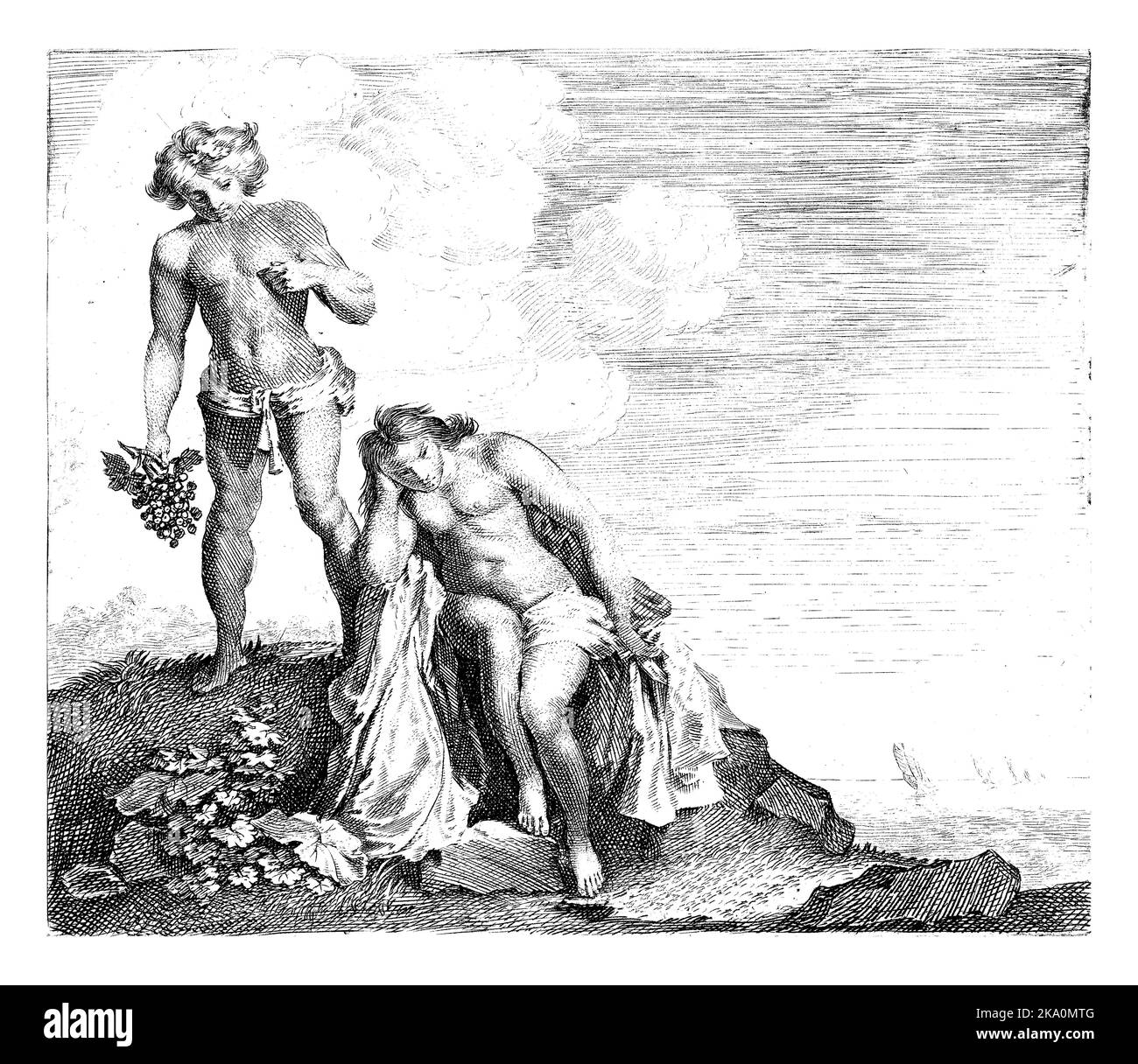 Bacchus regarde l'Ariadne endormi. Il a une bande de raisins dans sa main. Banque D'Images