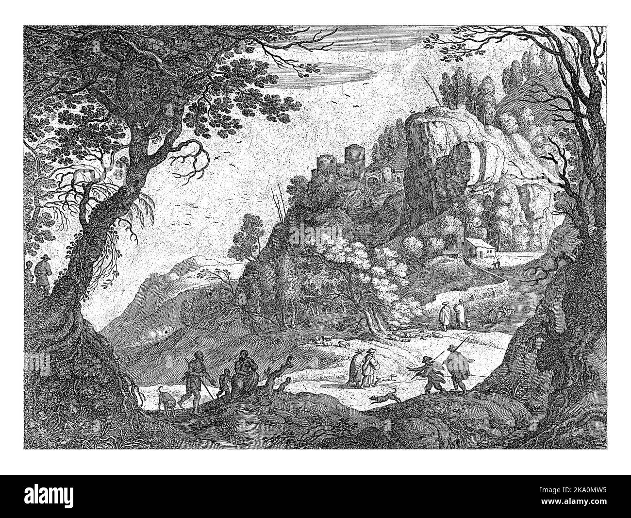 Paysage de montagne italien avec différentes figures. A gauche un homme qui s'adresse à une femme assise, et deux hommes avec un chien. Il y a un château sur le Mo Banque D'Images