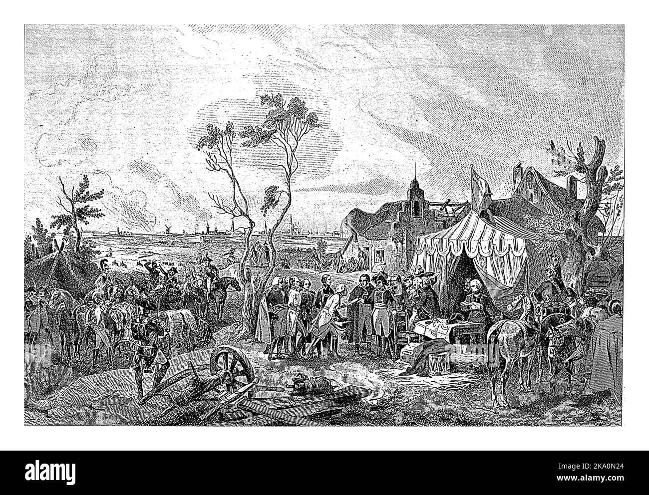 Des représentants de la ville d'Anvers confient des documents de capitulation devant la tente d'un général français. La ville au loin. Banque D'Images