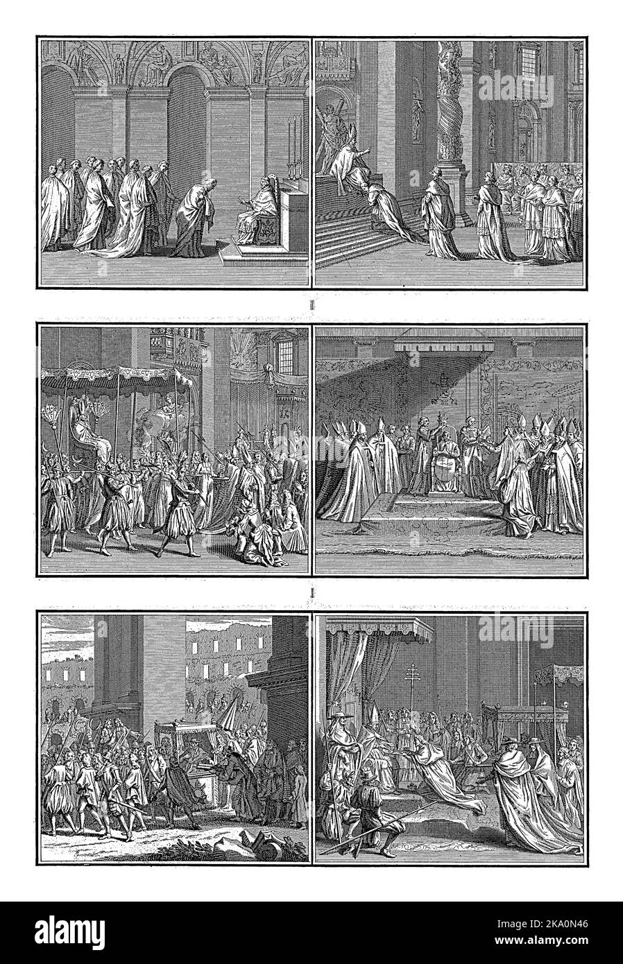 Installation et couronnement d'un nouveau pape, Bernard Picart (atelier de), après Bernard Picart, 1725 feuille avec six représentations des événements suivants Banque D'Images Installation et couronnement d'un nouveau pape, Bernard Picart (atelier de), après Bernard Picart, 1725 feuille avec six représentations des événements suivants Banque D'Images