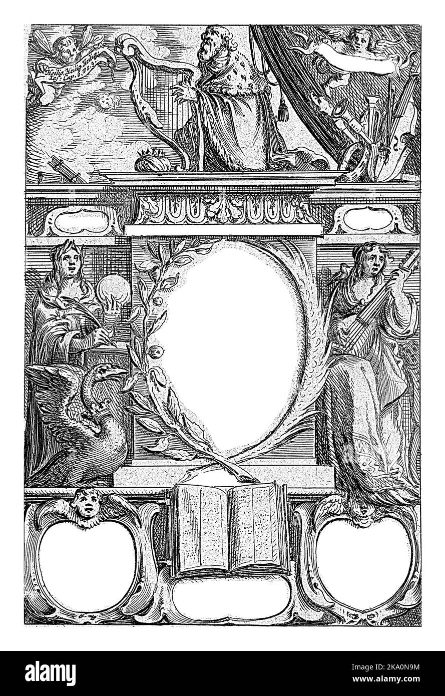 Un monument avec le titre du livre de Willem Sluiter est flanqué par la personnification de Poésie, avec un quill en main, et de musique, avec un luth. Banque D'Images