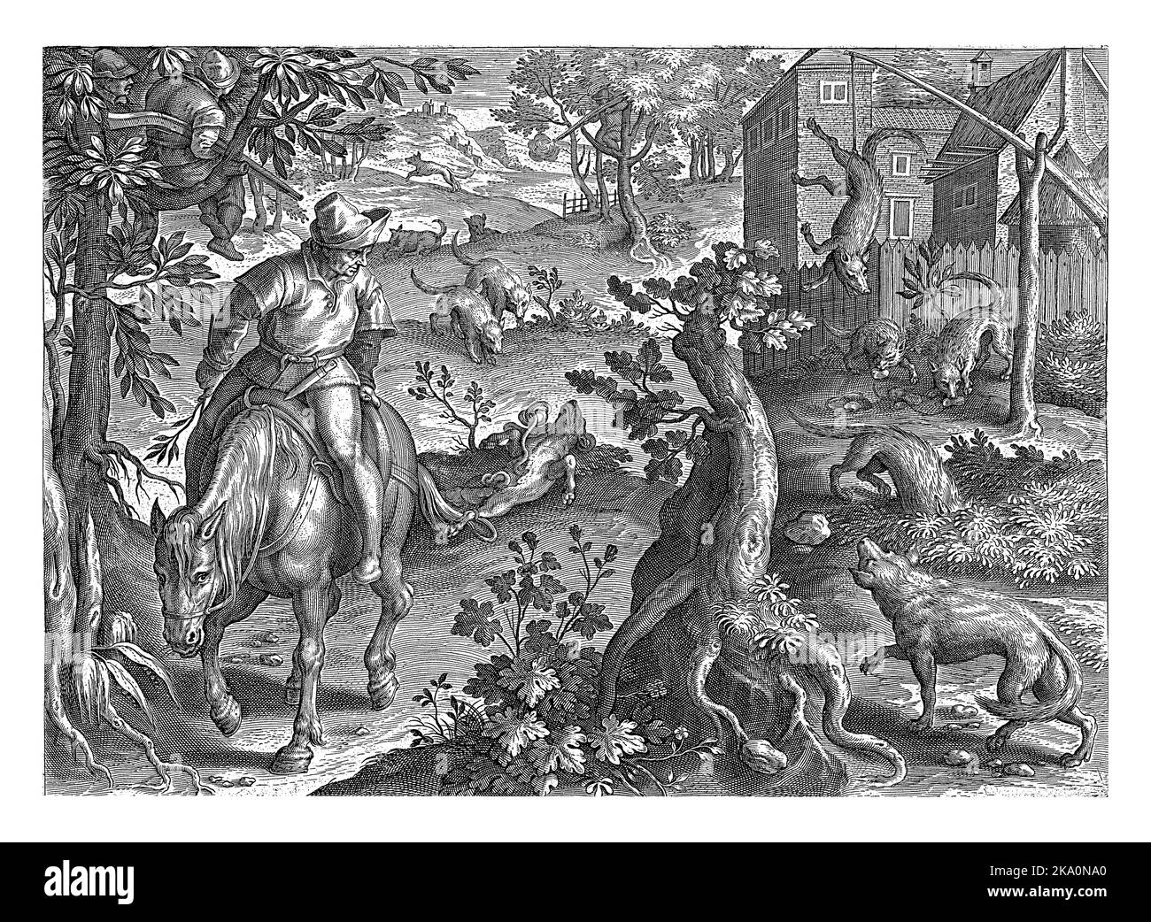 Les loups sont attrapés par toutes sortes de pièges. Dans l'arbre, un chasseur attend jusqu'à ce qu'il puisse tirer un loup avec sa carabine. L'impression comporte une légende latine Banque D'Images