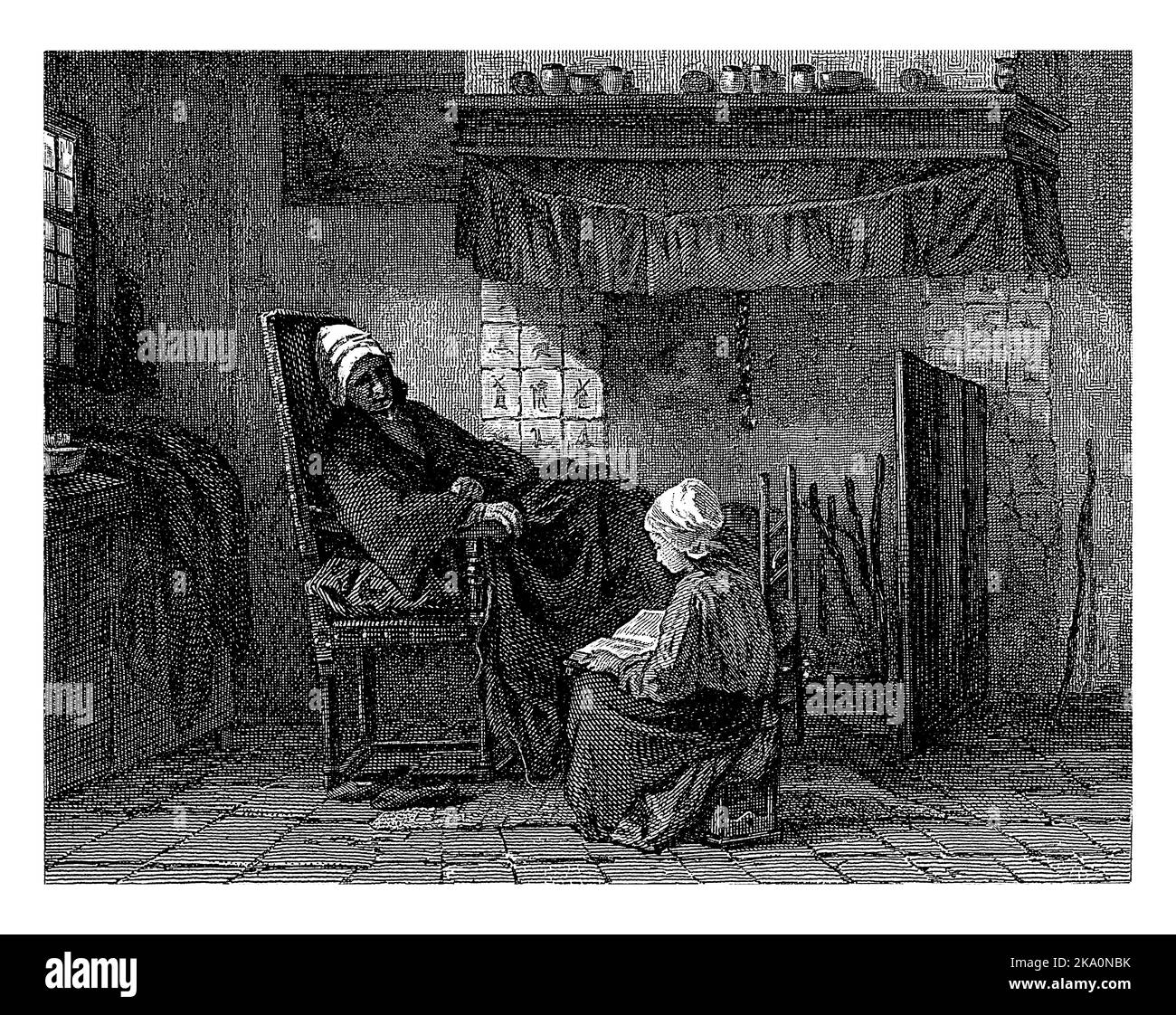 Vieille femme en face d'une cheminée, Johann Heinrich Maria Hubert Renfeld, d'après Jozef Israël, 1755 - 1877 dans une pièce, une vieille femme malade s'assoit dans un bras Banque D'Images