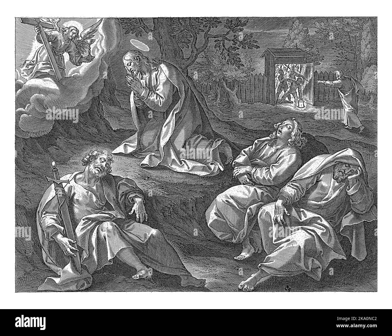 Le Christ prie Dieu dans le jardin des olives. Ses étudiants sont en train de dormir. Un ange apparaît dans les nuages pour le réconforter. Banque D'Images