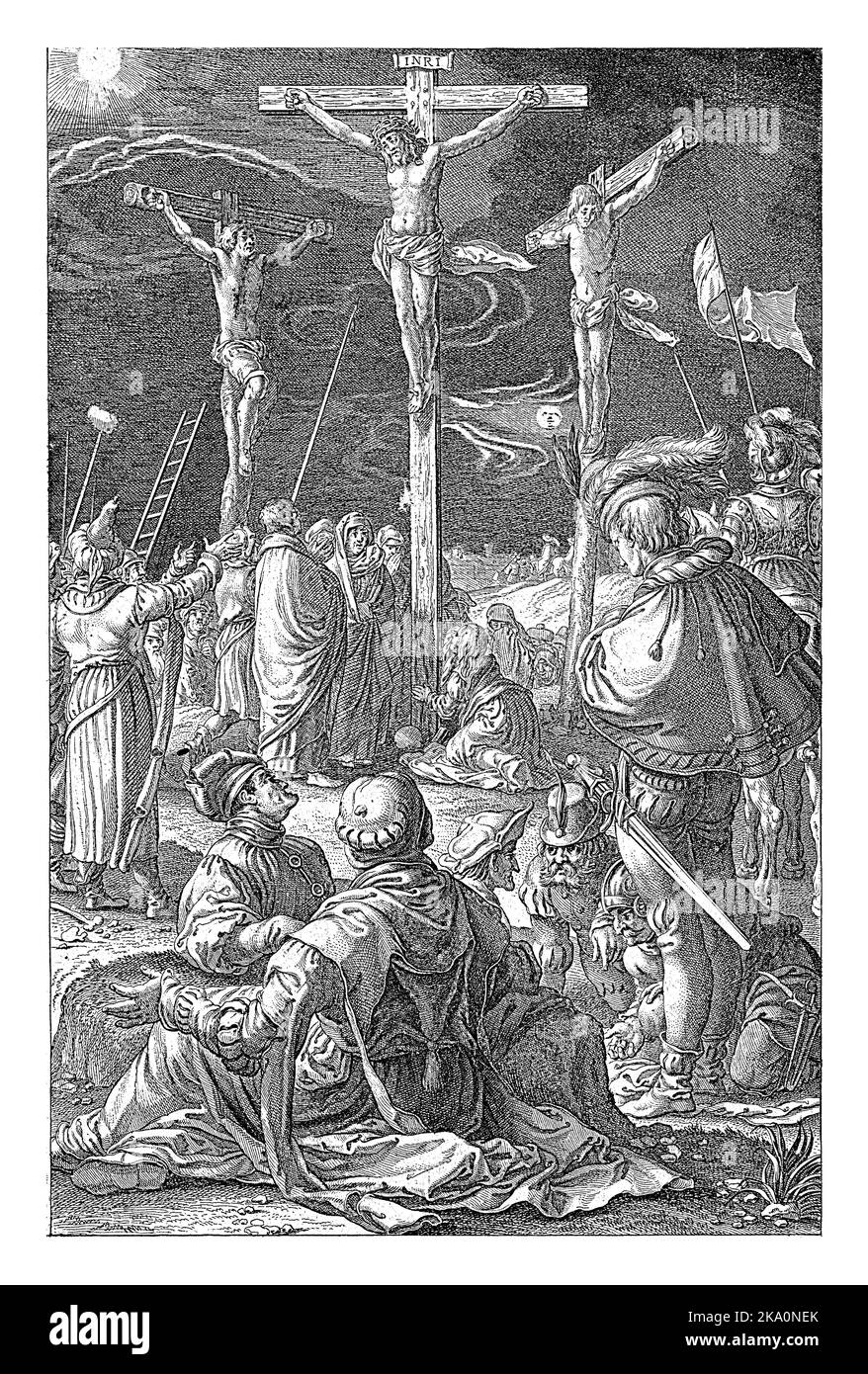 Christ sur la croix entre les deux autres crucifiés. Au pied de la croix, entre autres, les trois Marys et Longinus avec sa lance. Banque D'Images