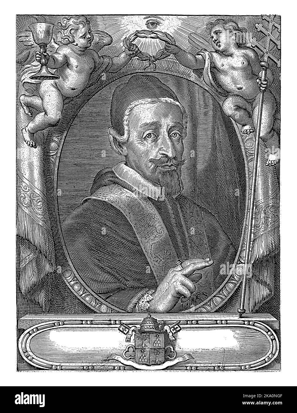 Portrait en buste du pape Alexandre VII, avec camauro. Il fait un geste de bénédiction avec sa main droite. Il est couronné d'une couronne de Laurier par deux anges ( Banque D'Images