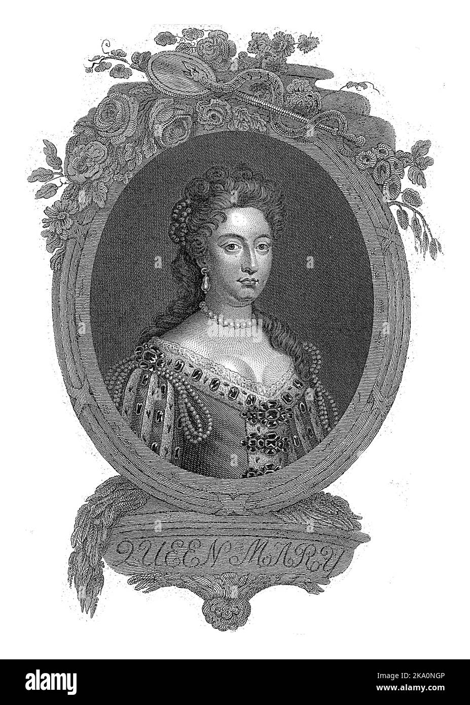 Portrait de Marie II dans un ovale ornementé. Son nom et son titre sur un piédestal. Banque D'Images