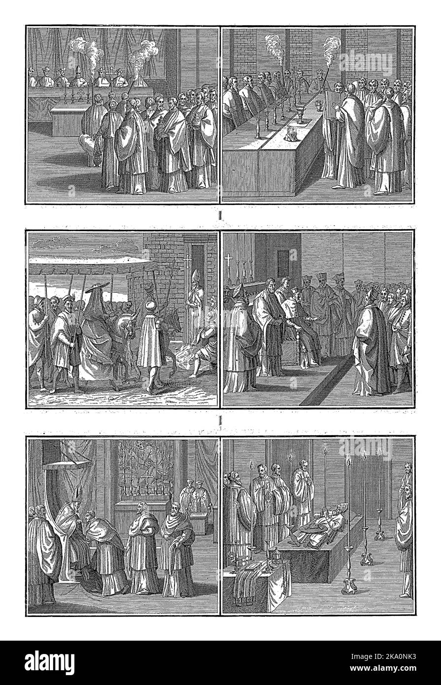 Bénédiction de l'huile Sainte et oeuvre d'un évêque, Bernard Picart (atelier de), 1723 feuille avec six représentations de l'oeuvre d'un évêque dans le Catho romain Banque D'Images Bénédiction de l'huile Sainte et oeuvre d'un évêque, Bernard Picart (atelier de), 1723 feuille avec six représentations de l'oeuvre d'un évêque dans le Catho romain Banque D'Images