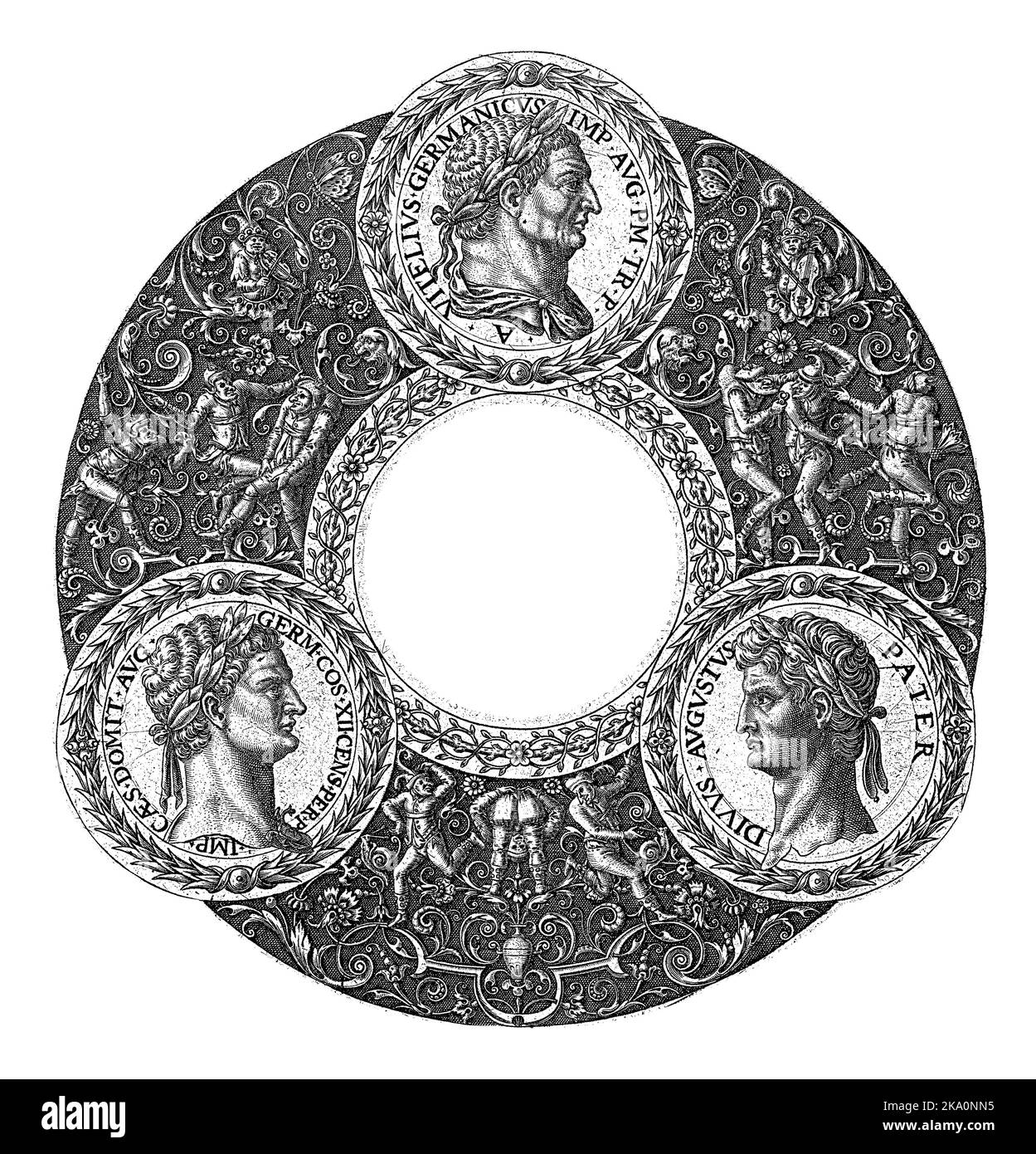Médaillon avec texte latin dans une large bordure avec des grotesques sur un fond sombre. Dans cette frontière sont trois médaillons avec des images d'empereurs romains. Banque D'Images