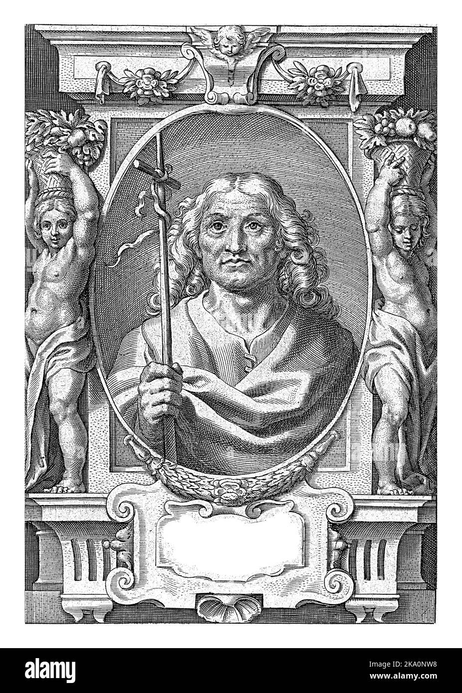 L'apôtre Philip avec son personnel de croix en cadre et ses ornements architecturaux, Jan-Baptist Barbé, d'après Théodoor van Loon, 1588 - 1648 Banque D'Images